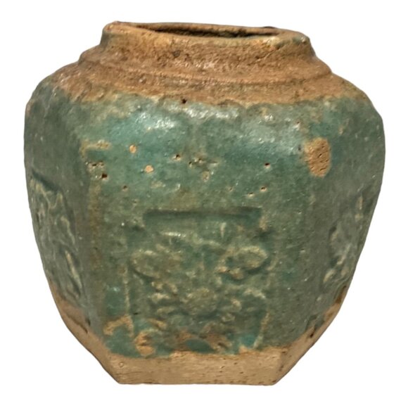 Qing Dynasty Ginger Pot Jar Vase Glazed Earthenware Green c1900 Floral Design Sh - Picture 2 of 7